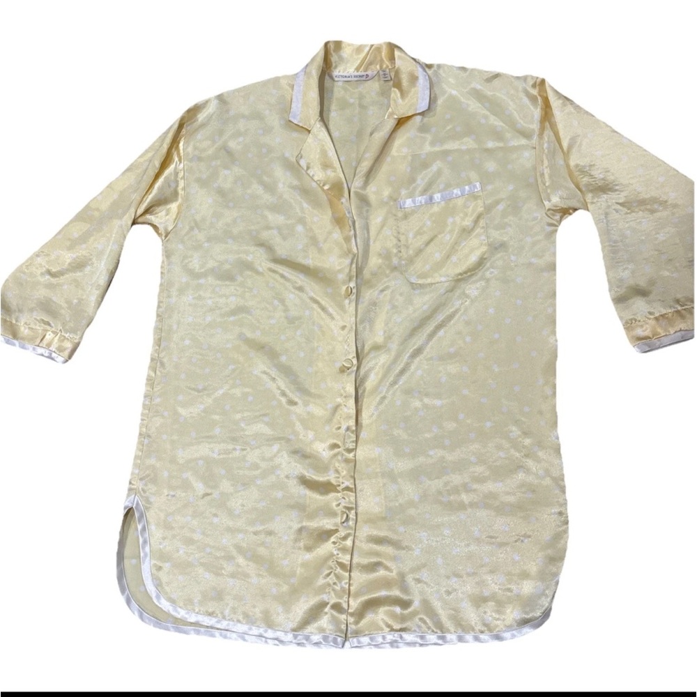Vtg Victorias Secret -Satin Sleep Shirt size M- Yellow Polka Dots Button Collar